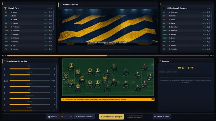Partido en curso con vista del campo, marcador, notas de los jugadores, estadísticas y comentarios en directo.