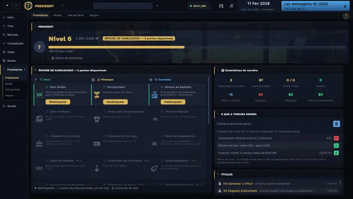 Árvore de habilidades do dono do clube, experiência, histórico da carreira e metas da temporada.