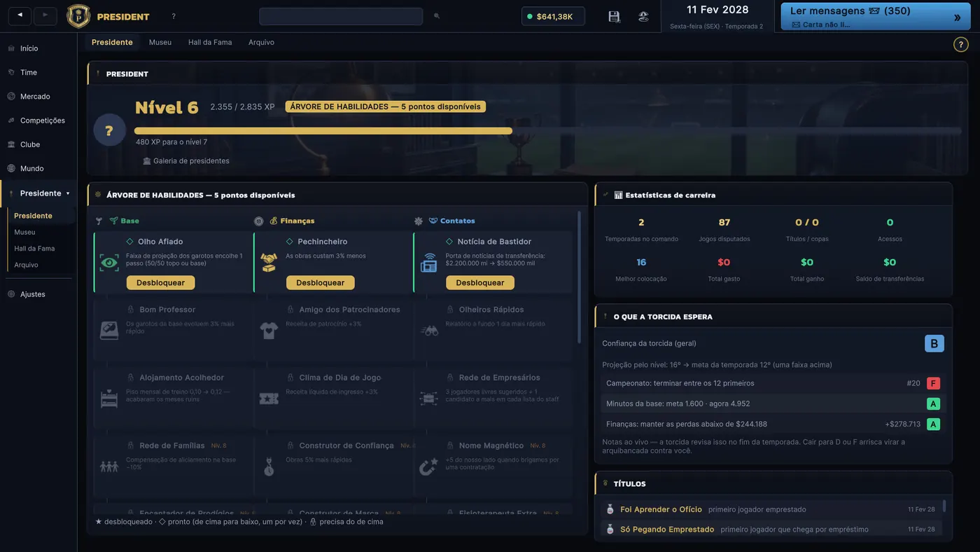 Árvore de habilidades do dono do clube, experiência, histórico da carreira e metas da temporada.