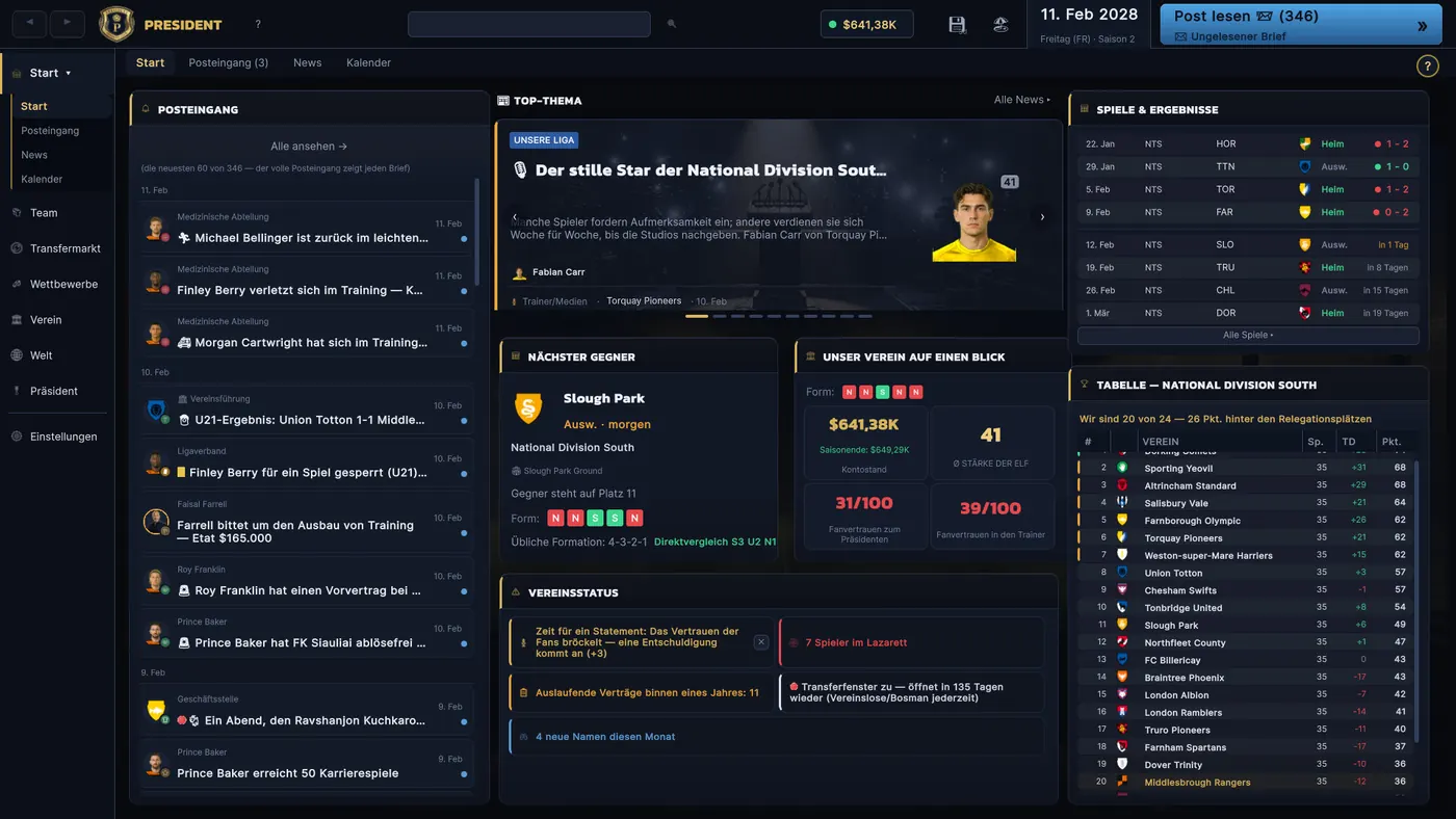 Vereinsübersicht mit Posteingang, Finanzen, Spielplan und Ligatabelle.
