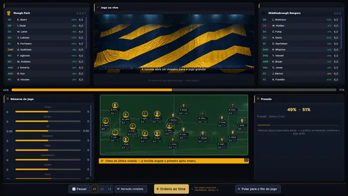 Partida em andamento com visão do campo, placar, notas dos jogadores, estatísticas e comentários ao vivo.