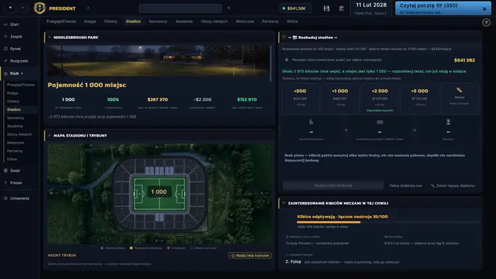 Plan stadionu, pojemność trybun i opcje rozbudowy.