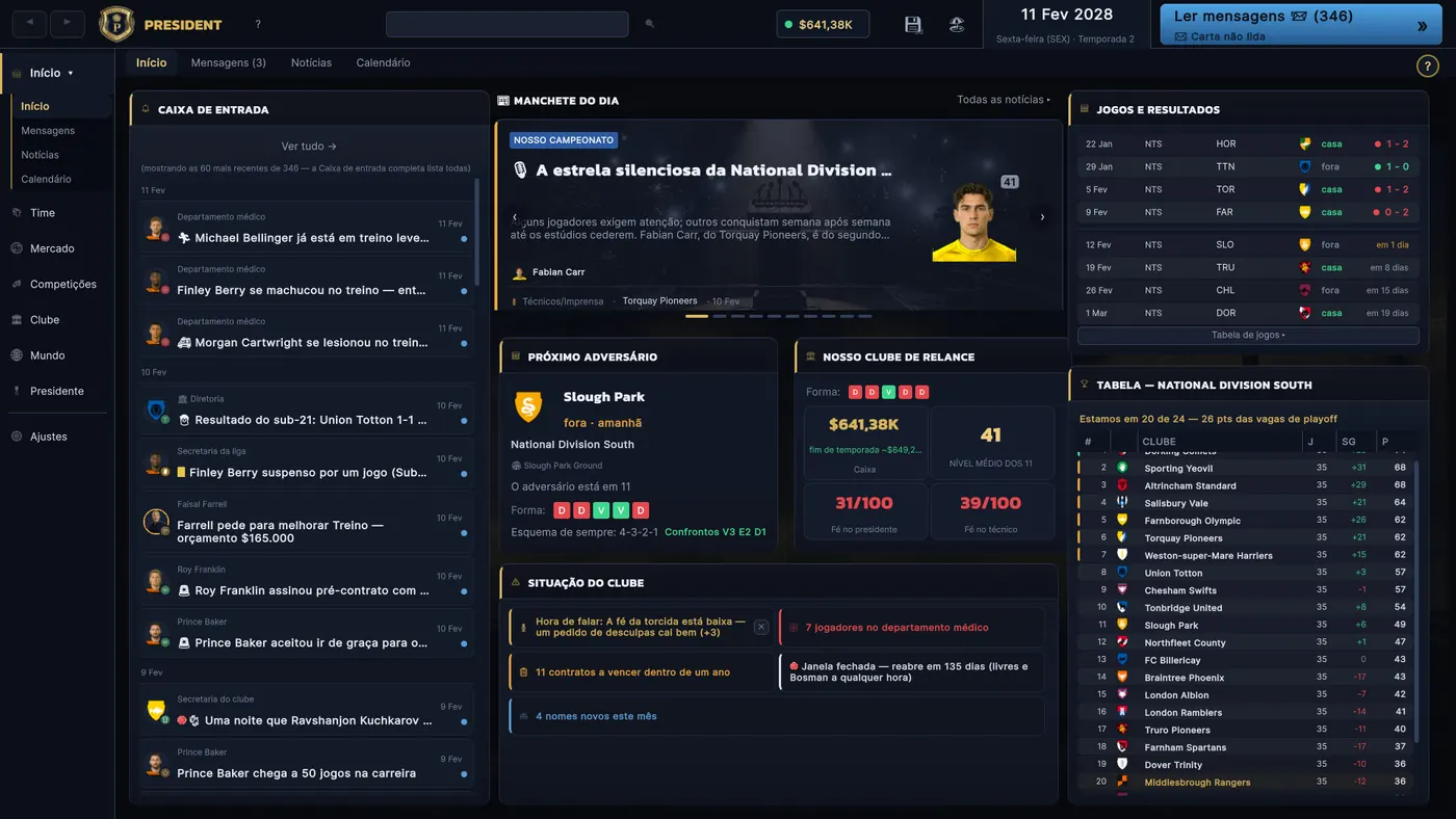 Painel do clube com mensagens, finanças, calendário de jogos e classificação do campeonato.