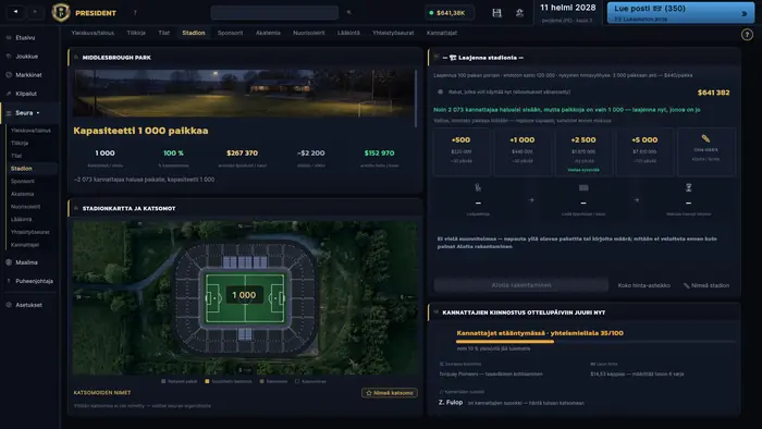 Stadionin kartta, kapasiteetti ja laajennusvaihtoehdot.