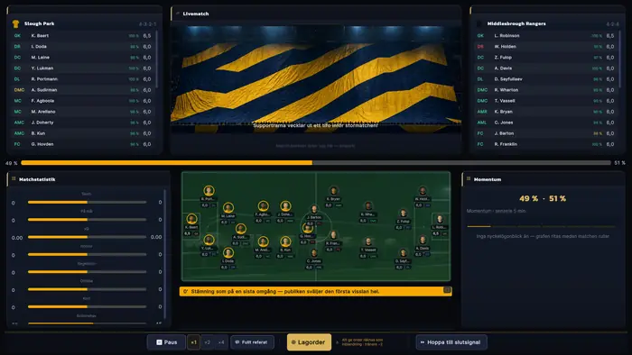 En pågående match med planvy, ställning, spelarbetyg, statistik och livekommentarer.