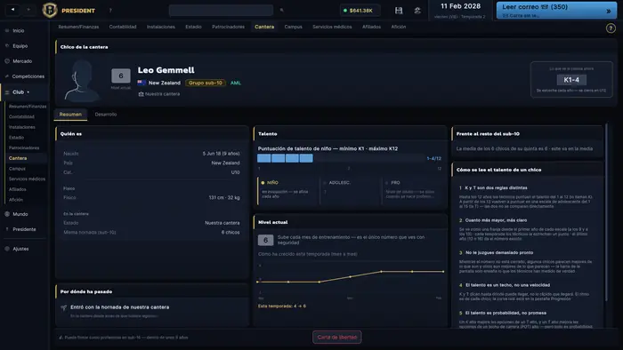 Perfil de un jugador de las fuerzas básicas con nivel actual, potencial estimado y evolución a lo largo del tiempo.