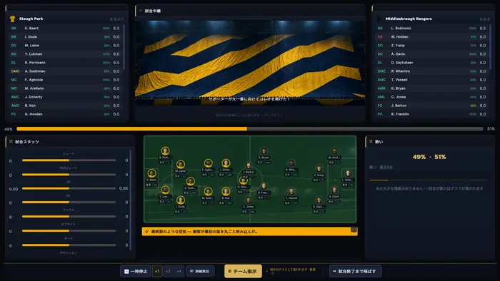進行中の試合画面。ピッチ、スコア、選手評価、各種統計、リアルタイムの実況を表示。