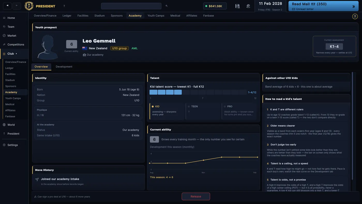 A young academy player's profile with current ability, estimated potential and development over time.
