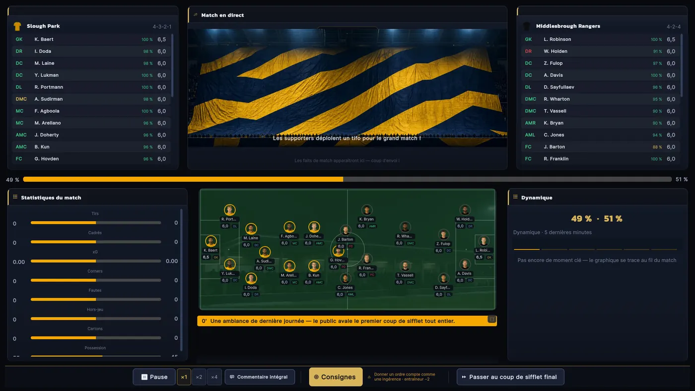 Match en cours avec vue du terrain, score, notes des joueurs, statistiques et commentaires en direct.