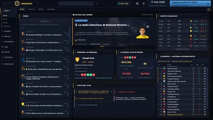 Panoramica del club con posta in arrivo, finanze, calendario delle partite e classifica.
