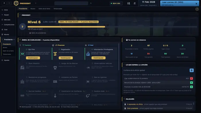 Árbol de habilidades del dueño del club, experiencia, trayectoria y objetivos de la temporada.