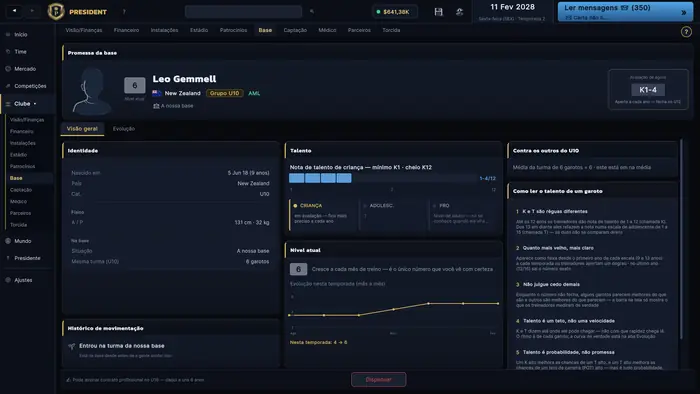 Perfil de um jogador da base com habilidade atual, potencial estimado e evolução ao longo do tempo.